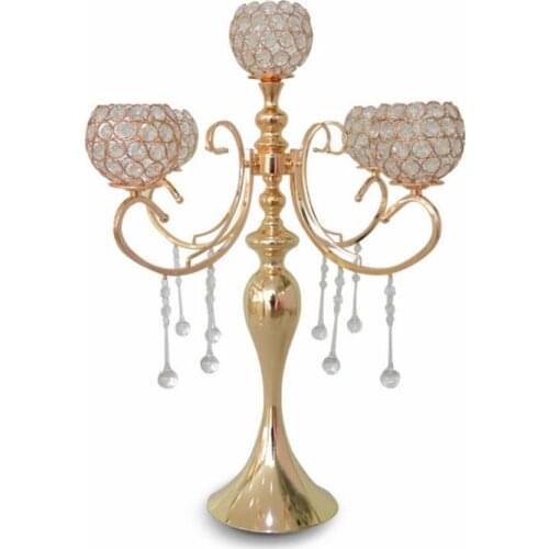 65cm height 5-arms metal Gold candelabras with pendants sumptuous wedding table candle holder home decoration SN629