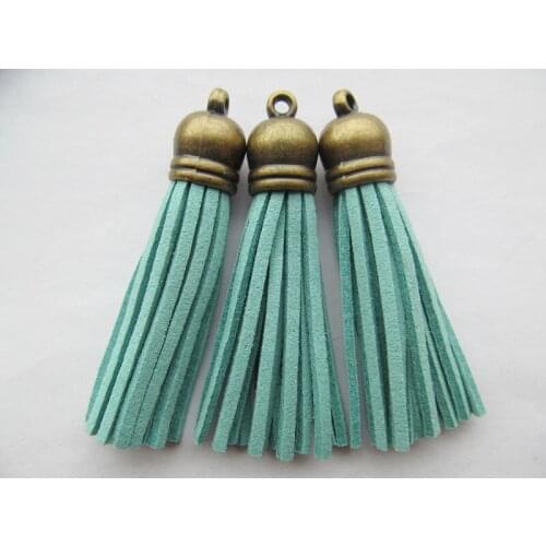 Free Shipping 100Pcs 59mm Lake Blue Suede Leather Jewelry Tassel For Key Chains/ Cellphone Charms Top Plated End Caps Cord