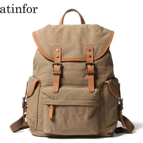 Atinfor Brand Canvas with Leather Vintage Belts Backpack Women Laptop Bag College Students Bookbag