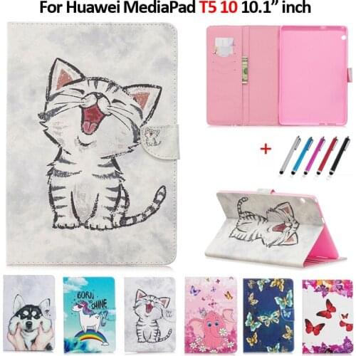Tablet Cover For Huawei Mediapad T5 10 Case 10 1 inch Cute Cat Unicorn Puppy Wallet Leather Cover Funda For Huawei T5 10.1 Case