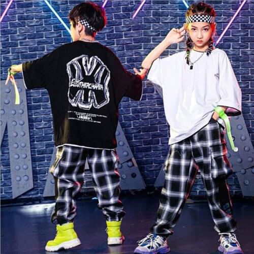 Kids Stage Wear Clothing Summer Tshirt Checkered Jogger Pants For Girls Boys Balroom Hip Hop Jazz Dance Costume Clothes Set