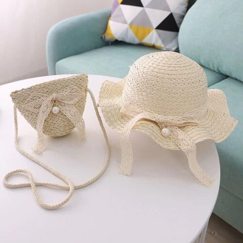 Korean Solid Color Bowknot Childrens Sun Hat Bag Set Summer Brand Wide Brim Beach Straw Hat Girls Sun Hat