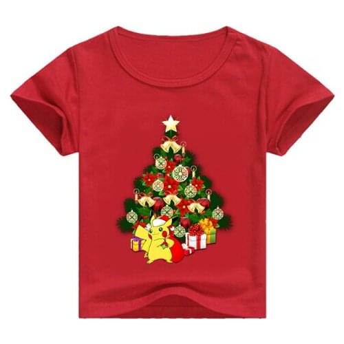 Baby Boys Short Sleeve T Shirts Summer Kid Cartoon Pokemon Christmas Print Tshirts Girl Top Casual Tee Children Clothes Costumes