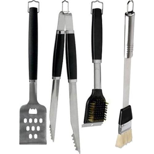Hot 4pcs/set stainless steel BBQ grill Tool sets w/Plastic Handle Spatula Fork Tong Cleaning Brush Barbecue Grilling for Outdoor
