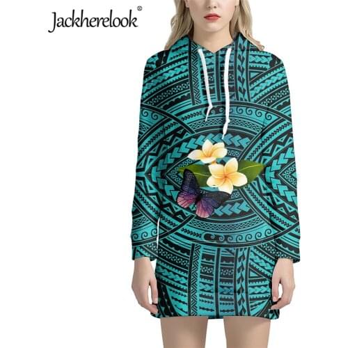 Jackherelook Polynesian Tribal Tattoo Hibiscus Print Plus Size Sweatshirts Long Top Dresses for Womens Pullover Hoodies Dress