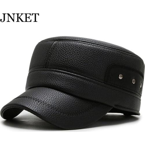 JNKET Men PU Leather Army Cap Winter Warm Earflap Hat Fleece Lining Cadet Hat Adjustable Flat Cap Military Hat