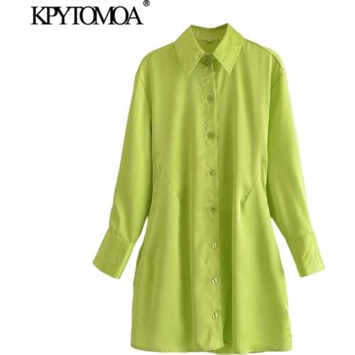 KPYTOMOA Women 2021 Fashion Back Hollow Out Soft Touch Mini Shirt Dress Vintage Long Sleeve Button-up Female Dresses Vestidos