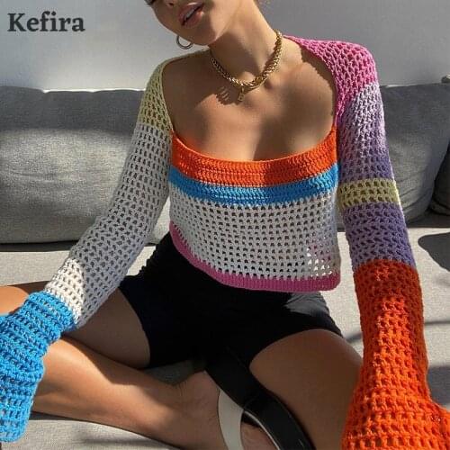 Kefira Summer Sexy Long Sleeve Knitted Y2K Crop Top Women Patchwork Harajuku T Shirts Fairy Grunge Vintage Slim Female Crop Tops
