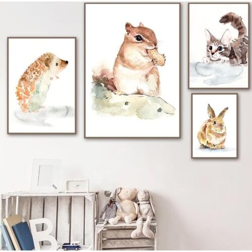 Wall Art Canvas Painting Cartoon Squirrel Rabbit Cat Sheep Bird Nordic Posters And Prints Wall Pictures For Kids Room Home Decor