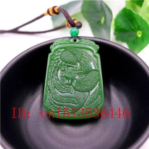 Natural Green Chinese Dragon Phoenix Carved Jade Couple Pendant Beads Necklace Charm Jewellery Fashion Lucky Amulet Gifts M02