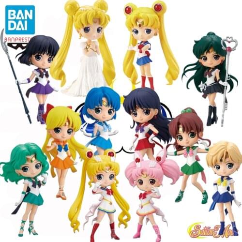 Original Bandai Q Posket ChibiChibi Mizuno Ami Sailor Moon About 14-15cm PVC Anime Figure Action Model Dolls Toys For Girls Gift