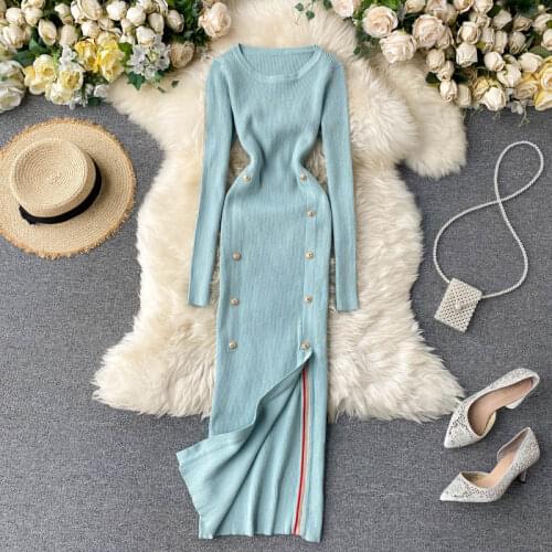 Womens autumn winter vintage elastic knitted slim dress female sexy split button long dress TB1062