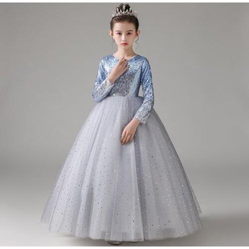 Flower Girl Dresses Illusion O-Neck Sequined Princess Floor-Length Tulle Lace Full Luxury Gray Elegant Cute Kids Party Gown H233