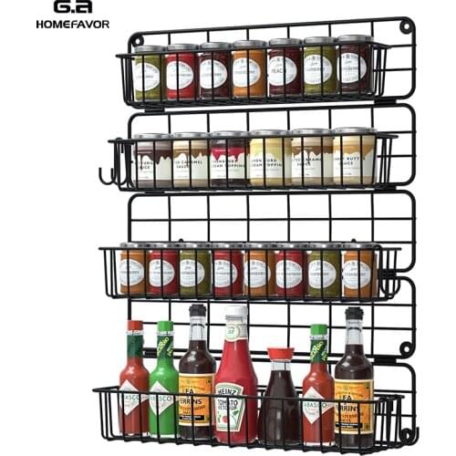 Spice Rack Hanging Shelf Farmhouse Wall Mounted 4 Tire Jars Bottles Holder Kitchen Iron Wire Storage Organizer