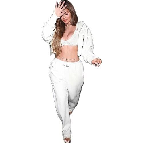 XLLAIS Thick Cotton Fabric Wide Leg Pants Sets Women Zippers Long Sleeve Hoodies White Sweatshirts Winter Warm Coats Tracksuits
