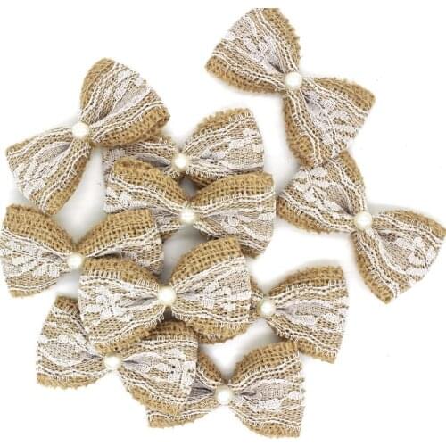 10pcs Vintage Natural Jute Burlap Hessian Bows lace ribbon Wedding Decoration rustic mariage bowknot DIY #536840