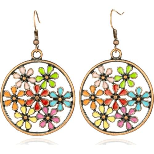 Vintage Bohemian Boho Ethnic Antique Flower Oil Drip Hollow Round Drop Earrings for Women 2018 Fashion Jewelry Accessories