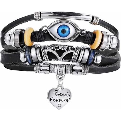 Vintage Leather Wrap Bracelet for Men Love Heart Evil Eye Charm Bracelets for Women Rope Braided Handmade Beads Charm Jewelry