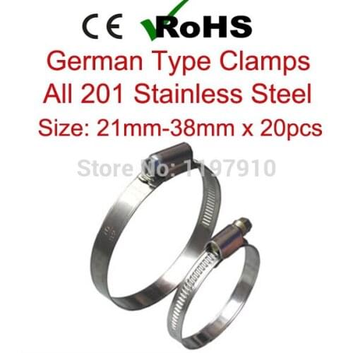 21mm-38mm x 20pcs German Type Worm Drive Quick Release Hose Clamp All 201 Stainless Steel Pipe Clips