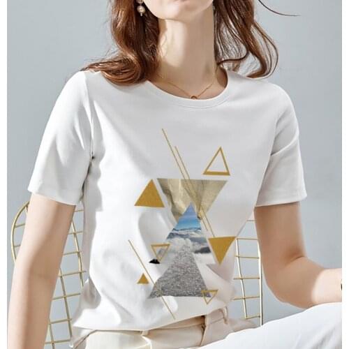 Women Print T-shirt White All-match Vogue Geometry Pattern Print Series Tee Classic O-neck Female Short Sleeve Tee,Drop Shipping