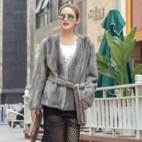 Women real mink fur jacket v-neck with belt whole mink fur coat short style lady spring autumn winter outerwear
