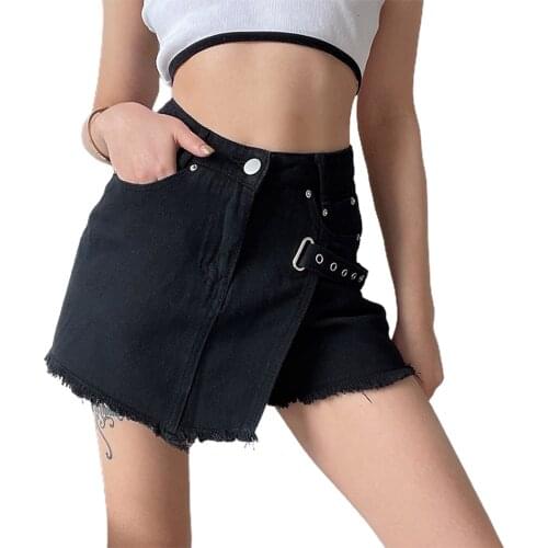 Women Frayed Denim Skirt, Adults Vintage Solid Color Oblique Buckle A-line Skirt with Pockets