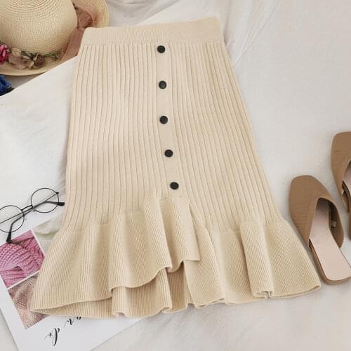 Korean Fashion Irregular Knitted Skirt Womens High Waist Autumn Winter Ruffles Midi Sweater Trumpet Skirts Slim Faldas Mujer