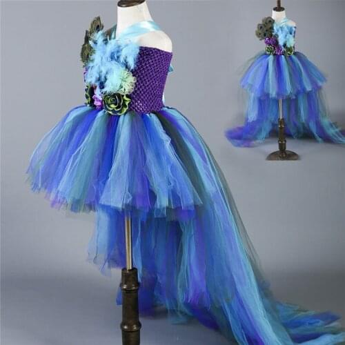1-14Y Princess Girls Peacock Tutu Dress Kids Girl Birthday Party Dress Train Pageant Ball Gowns For Children Tulle Girl Dresses