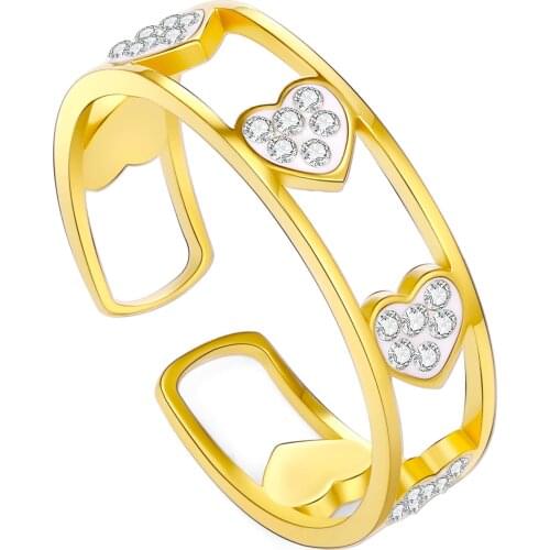 Gold Plated Hollow Heart Rings For Women Stainless Steel Crystal Opening Adjustable Ring Rose Gold Silver Color New Jewelry 2021