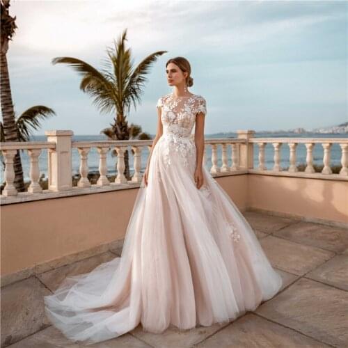 High Neck See Through Lace Applique Blush Pink Elegant Tulle Wedding Gown robe de mariee courte Bridal Dresses