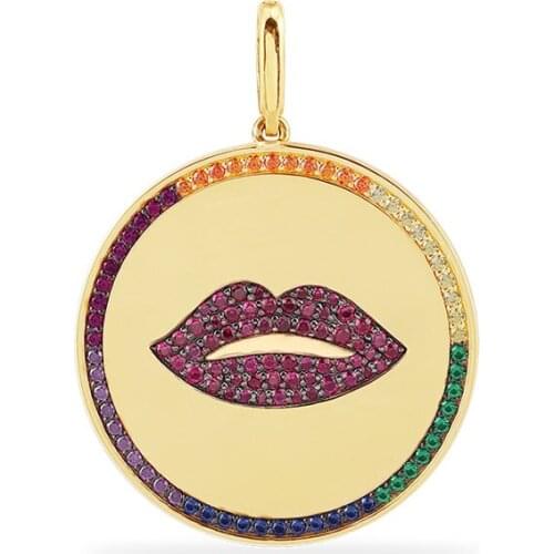 SLJELY Fashion S925 Sterling Silver Large Red Lips Rainbow Medal Clipping Charm Pendant Paved Zircon 1pc for Women Brand Jewelry