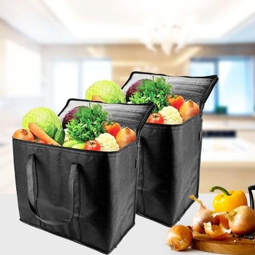 2pcs Washable Durable Foldable Reusable Portable Insulated Grocery Bags Storage Free Standing Non-woven Zipper Closure Shopping