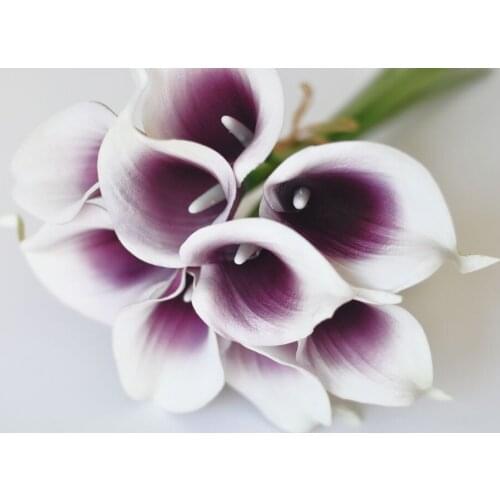 9pcs Plum Center Real Touch Artificial Picasso Calla Lilies Flower Arrangement for Wedding Bouquet and Home Decor