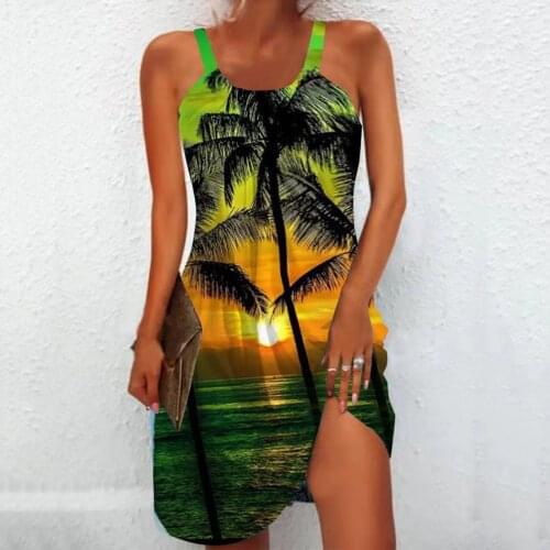 Bohemian Oversized Dresses Womens Aloha Print Sexy O-neck Sleeveless Strap Hem Casual Beach Dress Waist A-line Dresses