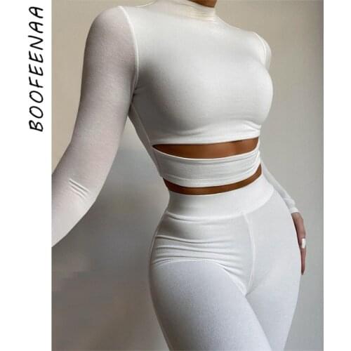 BOOFEENAA 2 Piece Sets Womens Outfits Cutout Long Sleeve Crop Top Pants White Black Athleisure Sports Wear Tracksuit C16-CB31