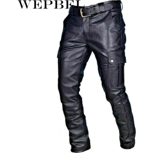 WEPBEL Biker Motocycle Long Leather Loose Street Style Steampunk Trousers Rock Roll Long Pants Men Straight PU Leather Pants