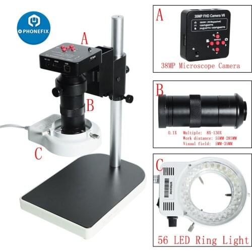 HD 1080P 38MP HDMI USB Industry Digital C-Mount Microscope Camera Adjustable Zoom 130X Len 56 LED Light Soldering Microscopio