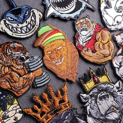 DIY Punk Animal Clothes Stickers Stripes Bear tiger Shark Patch Embroidered Patches On Clothes Gym Iron on Patches for Clothing