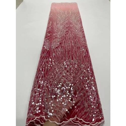 5yards/pc) High quality gradient pink African tulle lace tube beads and sequins French net lace fabric for wedding dress FJY430