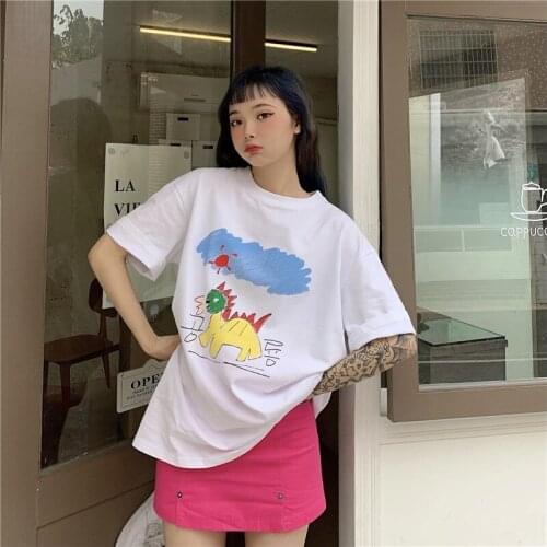 Summer loose cartoon graffiti printing short-sleeved T-shirt all-match casual cute college style top T-shirt women