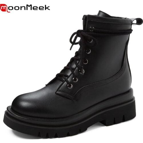 Moonmeek Size 34-43 Women Boots Lace Up Platform Ankle Boots Fashion Autumn Winter Boots Round Toe Black White Ladies Shoes