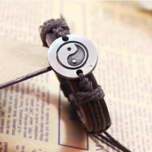 Chinese Yin and Yang Alloy Leather Bracelet Nylon Rope Braided Bracelet Brown Black Mens Retro Charm Bracelets for Men