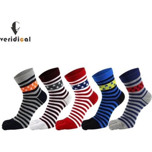 VERIDICAL Cotton Man Short Socks With Toes Five-Pointed Star Striped Fashions Harajuku Happy Five Finger Socks Novelty EU 38-44