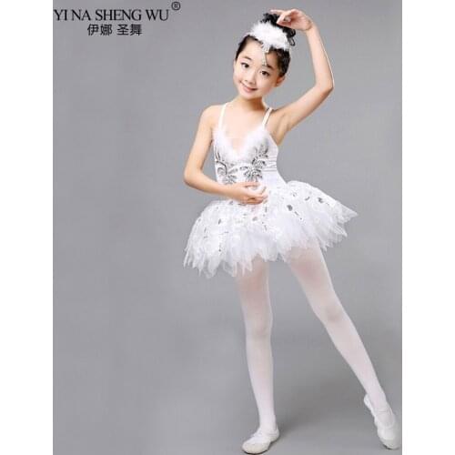 New Girl Tutus Ballet Children Dance Dress Lace Leotard Swan Lake Costumes Feather Dress Professional Ballet Tutus Sequin White
