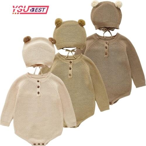 2021 Autumn New Toddler Baby Boys Girls Knitted Bodysuit Infant Jumpsuit Knitwear Outfits Newborn Baby Sweater And Baby Knit Hat