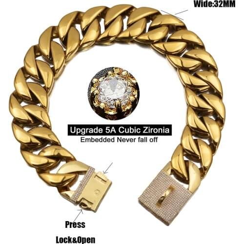 32mm Strong Metal Dog Collar Leash for Large Dogs Chain Trainning Pet Collar With Crystal Bully 18K Gold Chain Pitbull Bulldog