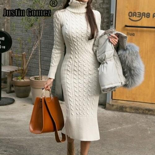 Slim Twist Knitted Sweater Dress Thin Turtleneck Fitting Long Sleeves of Elegant Woman Classic Bodycon Cozy Pullover