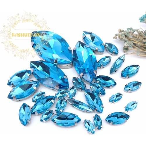 Popular!! MIX Turquoise blue Horse eye Size Crystal Glass Sew-on Rhinestones Silver Bottom DIY Womens Dresses and shoes 30pcs