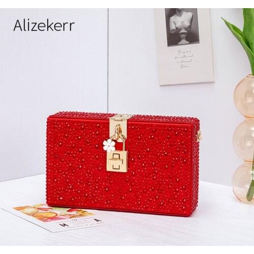 Diamonds Satin Box Evening Bags 2021 Luxury Shiny Rhinestones Clutch Purse Ladies Chain Crossbody Bag For Dinner Wedding Party