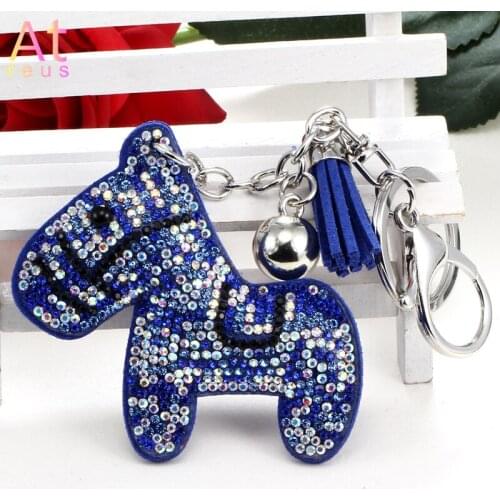 Luxury Cute Blue Inlay Crystal Horse Key Chains HandBag Purse Women Leather Trojan Pendant Keychains Car Key Rings Holder Gift